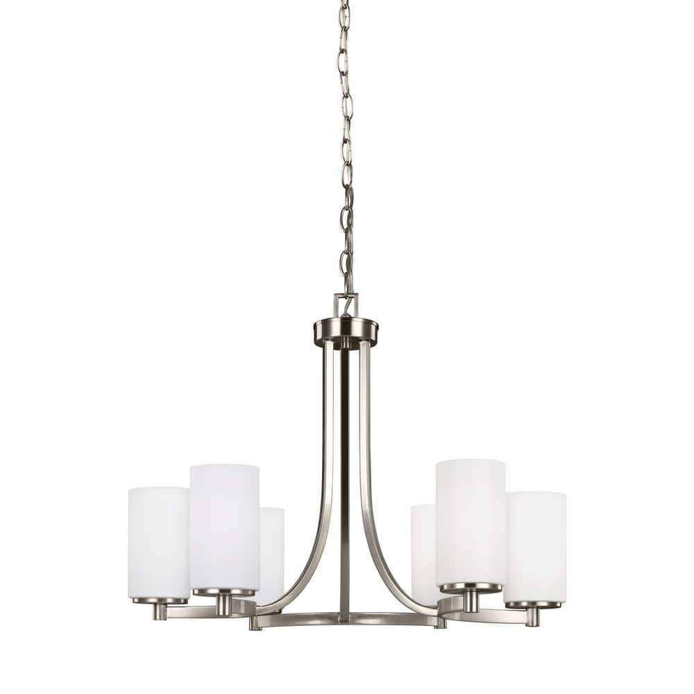 Brushed Nickel Six-Light Chandelier with Etched Glass Shades