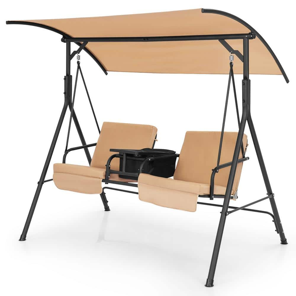 Costway 2-Person Canopy Metal Porch Swing Padded Chair Cooler Bag ...