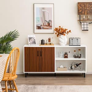 Walnut and White Wooden 58 in. Modern Buffet Sideboard Kitchen Storage Cabinet with 2 Doors and Open Compartments