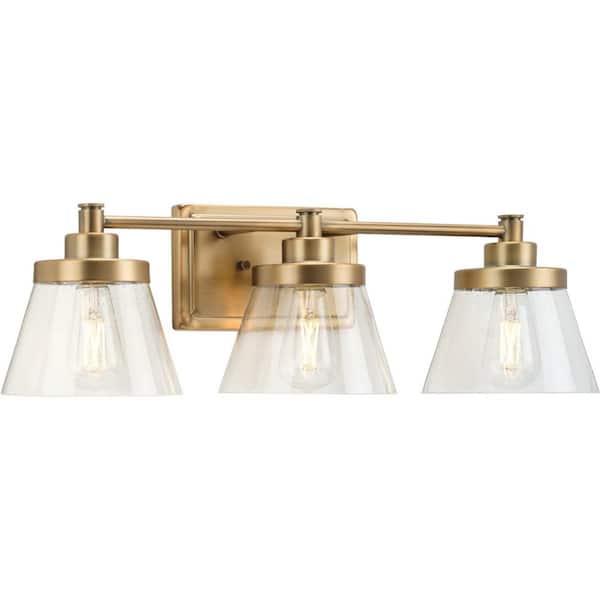 Progress Lighting Hinton 24.5 in. 3-Light Vintage Brass Clear Seeded Glass Farmhouse Bath Vanity Light