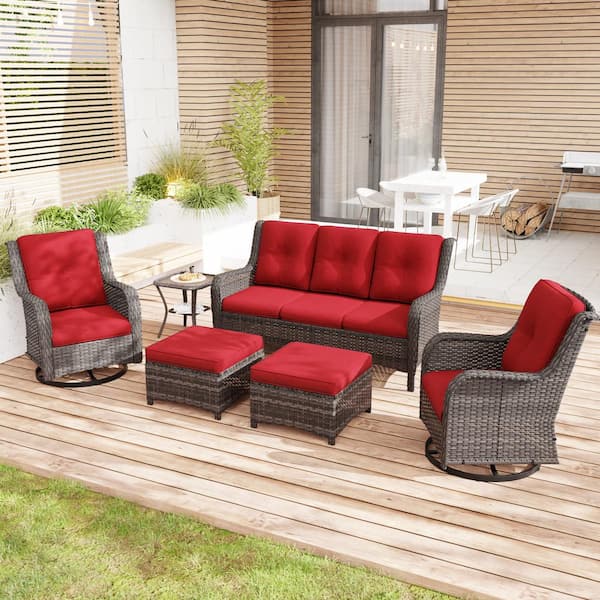 Gardenbee 6-Piece Wicker Outdoor Patio Conversation Set Sectional Sofa with Swivel Rocking Chair, Ottomans and Red Cushions