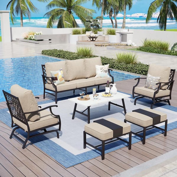 Black Metal Meshed 7-Seat 6-Piece Steel Outdoor Patio Conversation Set with Beige Cushions and Marble Pattern Table