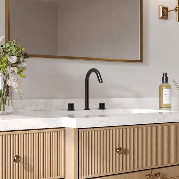 SerenityStream High Arc 8 in. Widespread Double Handle Bathroom Faucet in Matte Black Drain Included