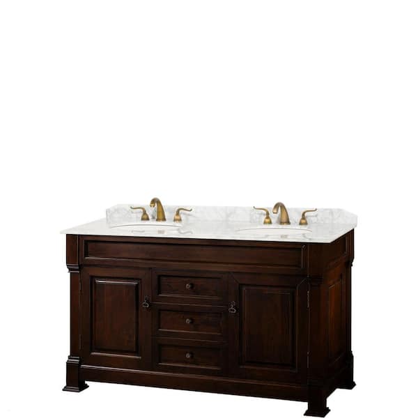 Wyndham Collection Andover 60 in. W x 23 in. D Bath Vanity in Dark Cherry with Marble Vanity Top in White with White Basins