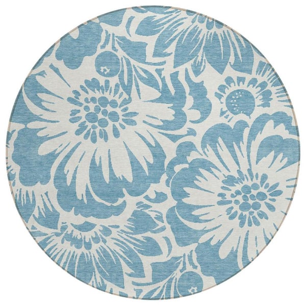 8' Round Ivory And Blue Round Floral Indoor Outdoor Area Rug