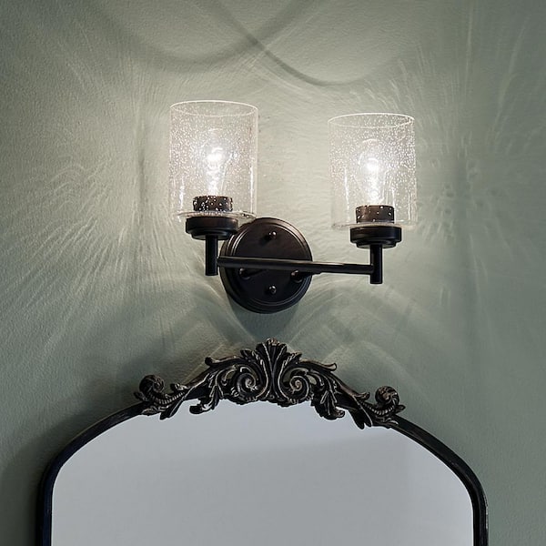 KICHLER Winslow 12.75 in. 2-Light Black Contemporary Bathroom Vanity Light with Clear Seeded Glass