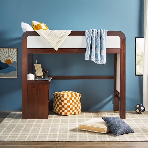 Walker Edison Furniture Company Contemporary Walnut Solid Wood Twin Loft Bed with Desk and Whiteboard