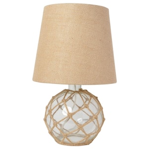 15.25 in. 1-Light Clear Buoy Rope Nautical Netted Coastal Ocean Sea Glass Table Lamp with Burlap Fabric Shade