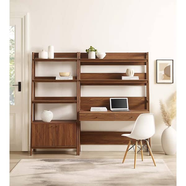 MODWAY Bixby 81.5 in. W Rectangular in Walnut 2-Piece Home Office Desk and Bookshelf Display Case