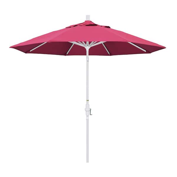 California Umbrella 9 ft. Matted White Aluminum Collar Tilt Crank Lift Market Patio Umbrella in Hot Pink Sunbrella