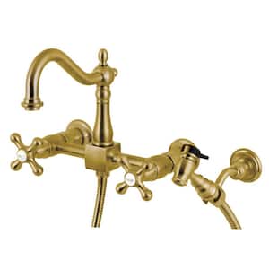 Heritage 2-Handle Wall Mount Kitchen Faucets with Brass Sprayer in Brushed Brass