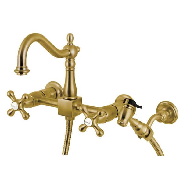 Kingston Brass Heritage 2-Handle Wall Mount Kitchen Faucets with Brass  Sprayer in Brushed Brass HKS1267AXBS - The Home Depot