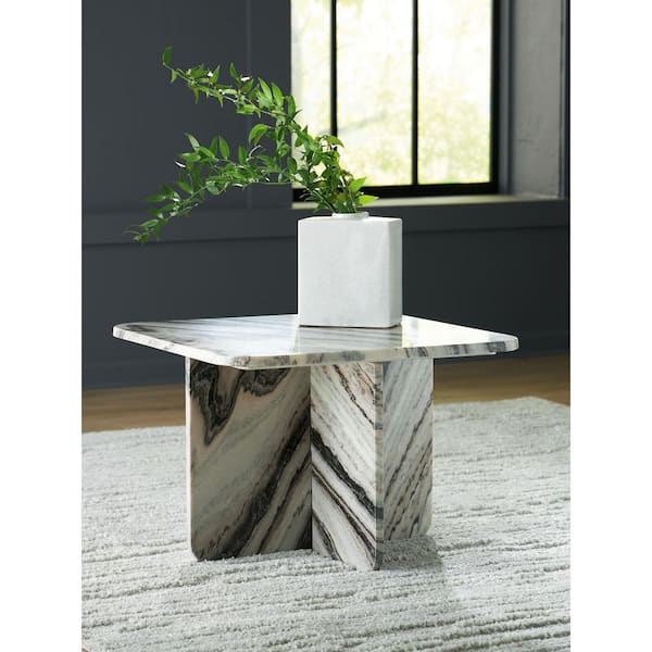 Baretton 26 in. Black/White Square Marble Coffee Table with Pedestal Base