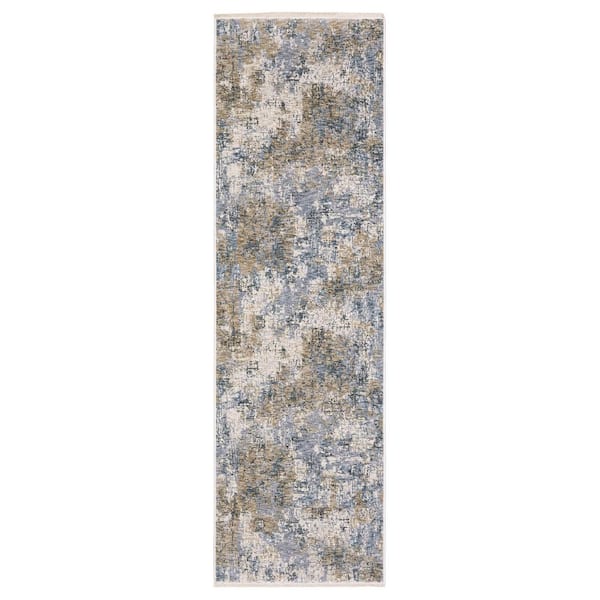 AVERLEY HOME Haven Beige/Blue 2 ft. x 8 ft. Abstract Modern Polyester Fringed Indoor Runner Area Rug