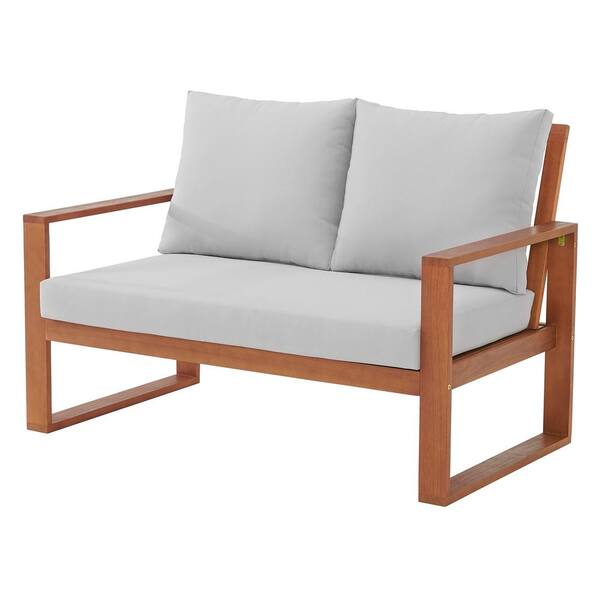 Pure Garden Grafton Eucalyptus 2-Seat Wood Outdoor Bench with Gray Cushions