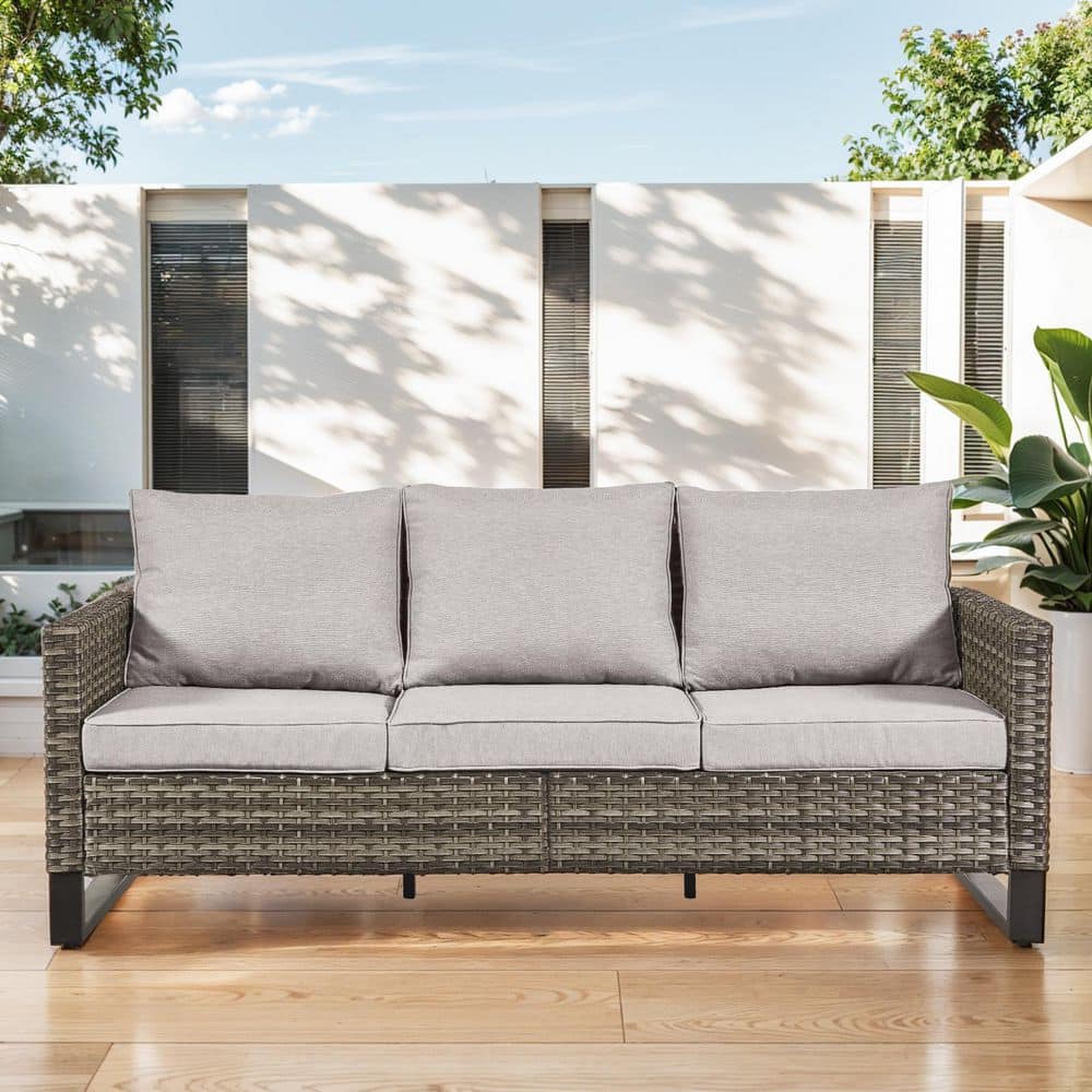 U-Frame 3-Seat Gray Wicker Outdoor Patio Couch with Beige Cushions price history on PriceWatchPro