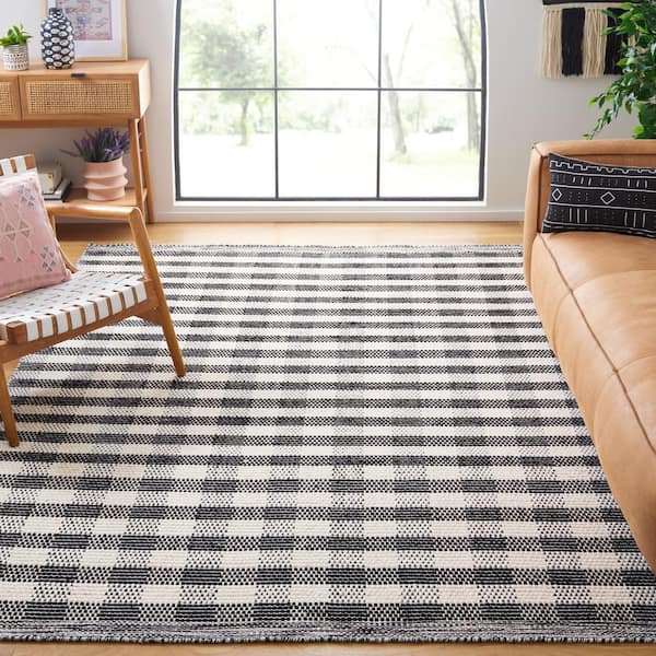 Striped Kilim Black Ivory 8 ft. x 10 ft. Plaid Area Rug