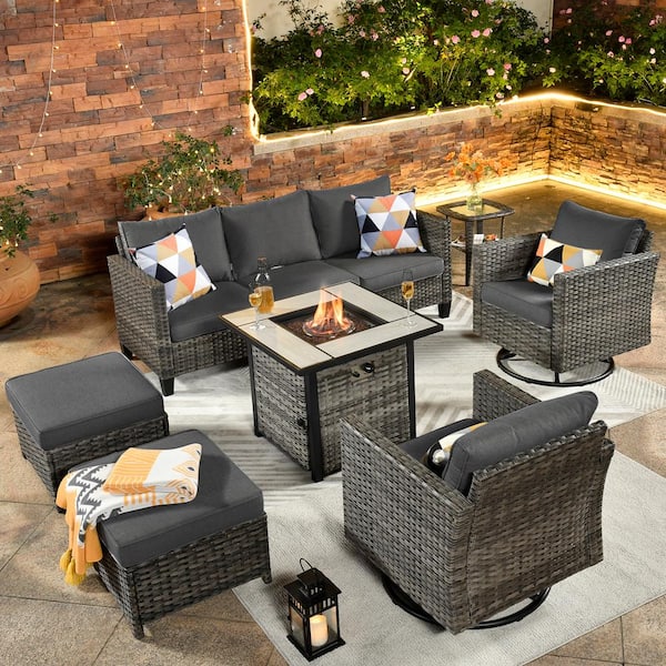 OVIOS New Vultros Gray 7-Piece Wicker Patio Fire Pit Conversation ...