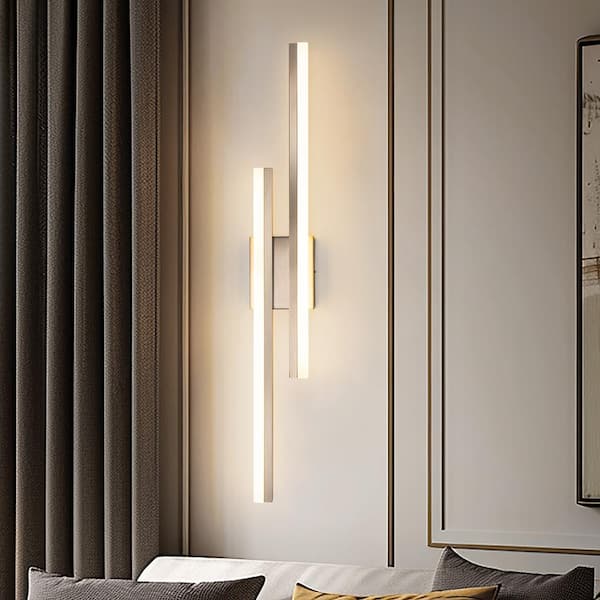 2-Light Modern Nickel LED Wall Sconce with Acrylic Shade, Linear Metal Wall Lamp for Bedroom, Living Room, Hallway