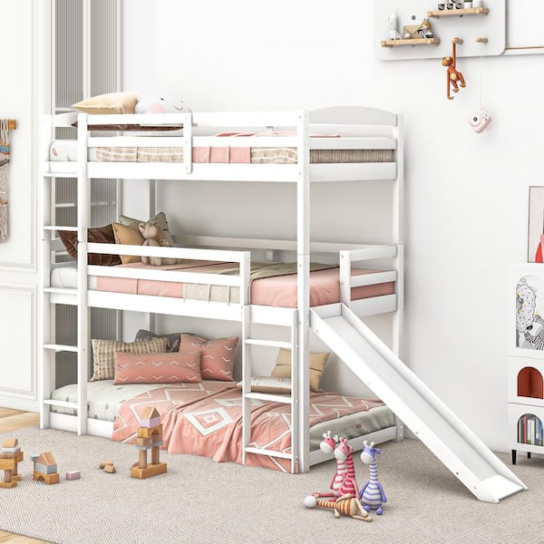 Polibi White Twin Over Twin Over Twin Adjustable Triple Bunk Bed with Ladder and Slide RS 52921 K The Home Depot