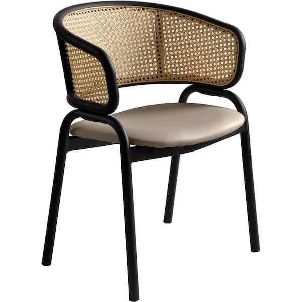 Leisuremod Modern Wicker Dining Chairs with Leather Seat in Black Stainless Steel Accent Side Armchair in Taupe