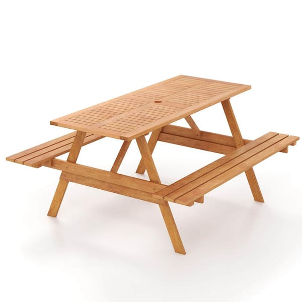 Gymax 6 Person Rectangle Natural 55 in. Wood Picnic Table Set w/ Table 2 Built-in Benches 2'' Umbrella Hole Patio