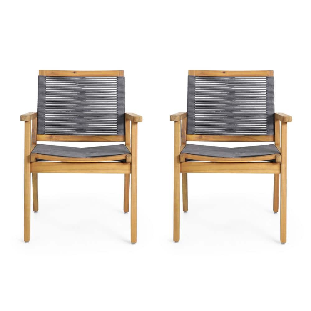 Set of 2 Teak and Dark Gray Rope Outdoor Dining Chairs
