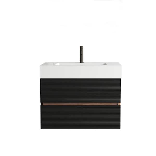 30 in. Wall Mounted Black+Brown Bath Vanity with White solid surface Top Unassembled