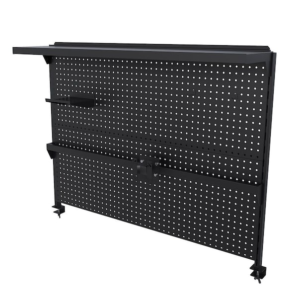 Black Clamp-On Desk Pegboard with Single Monitor Stand, 43x35 Inch Steel Peg Board Organizer with Hooks & Movable Panel