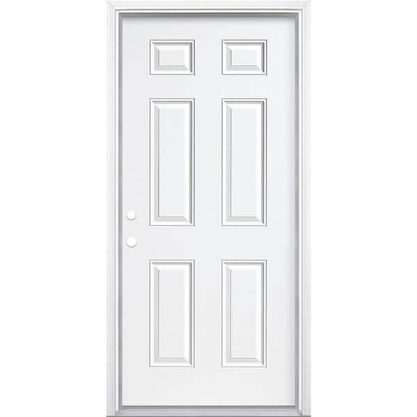 Masonite 36 in. x 80 in. Lifeproof 6-Panel Right-Hand Inswing Primed White Steel Prehung Front Exterior Door with Brickmold