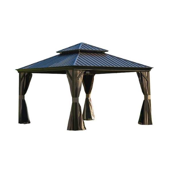 12 ft. x 12 ft. Outdoor Canopy Hardtop Gazebo Aluminum Frame Galvanized Steel Double Roof with Curtains and Netting