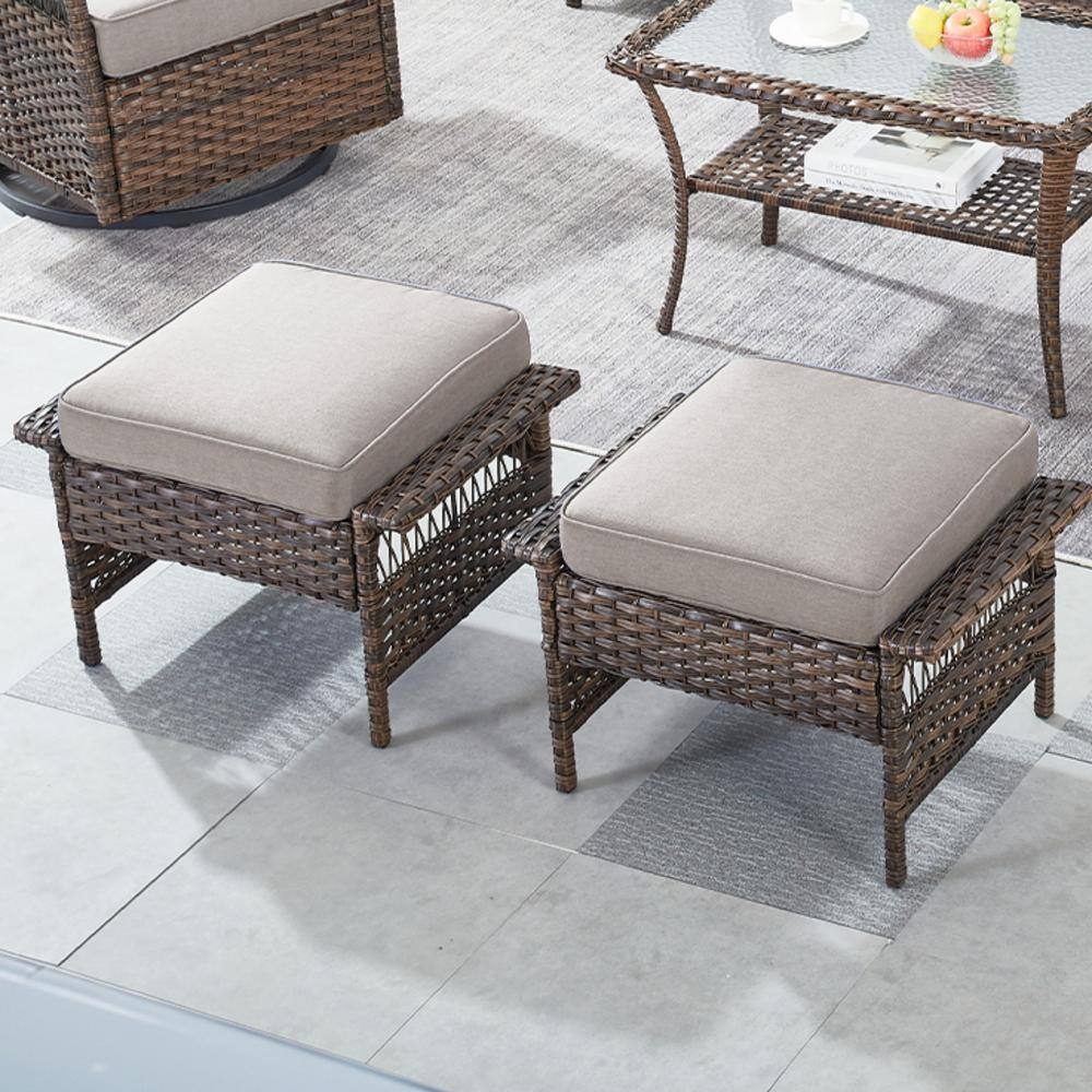 Brown Wicker Outdoor Ottoman with Gray Cushions (2-Pack)