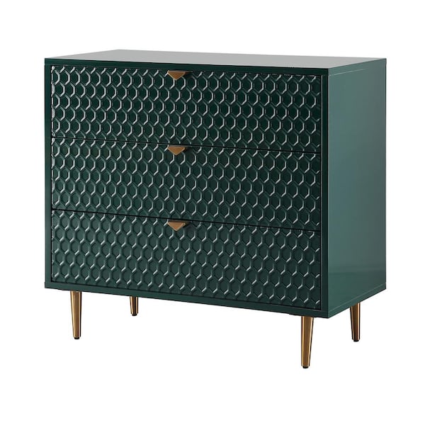 Boyel Living Green Honeycomb pattern 3-Drawers Storage Accent Chest with Golden Stands and Adjustable feet