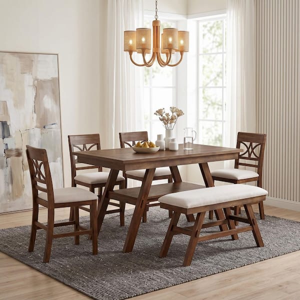 6-Piece Rectangular Walnut Wood Top Dining Room Set Seats 6 with Storage Shelf, Bench and 4 Chairs