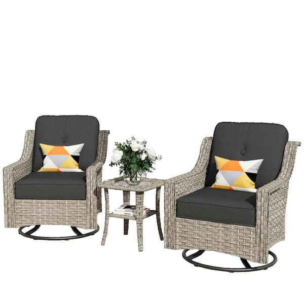 Eureka Grey 3-Piece Wicker Outdoor Patio Conversation Swivel Rocking Chair Seating Set with Black Cushions