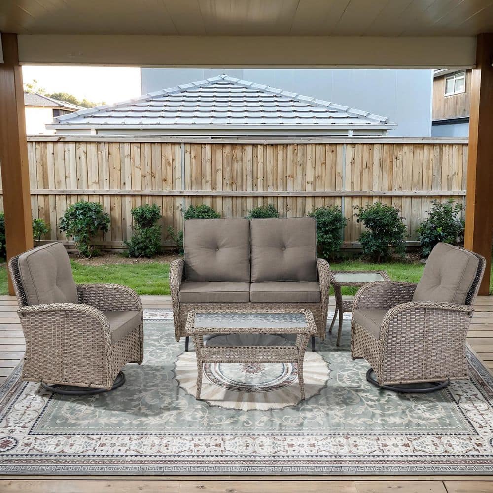 PlainCurve 5-Piece Gray Wicker Patio Conversation Set with Glider Loveseat and Olefin Gray Cushions price history on PriceWatchPro