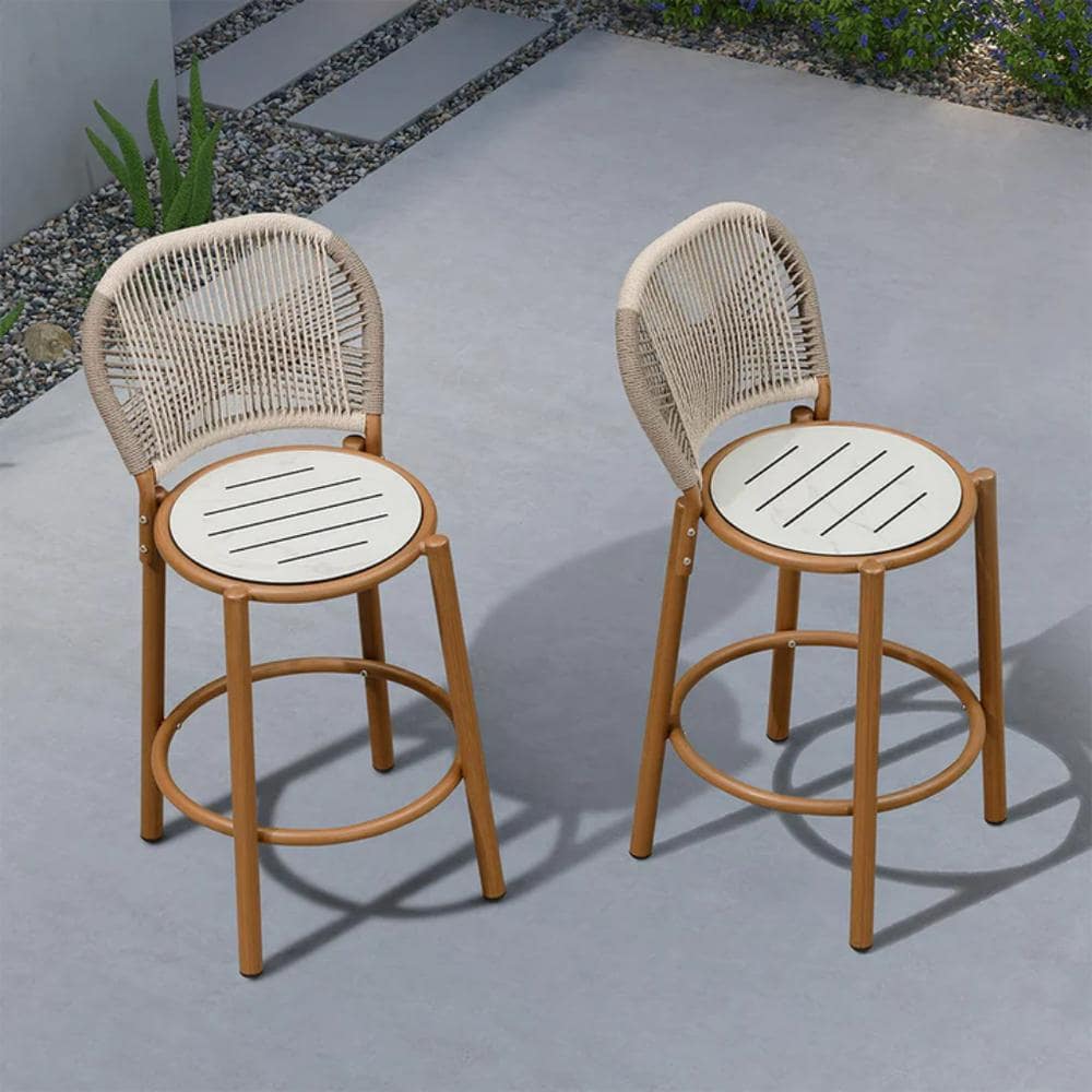 PURPLE LEAF Patio Aluminum Armless Counter Height Outdoor Bar Stool Rattan Metal Seat for Back