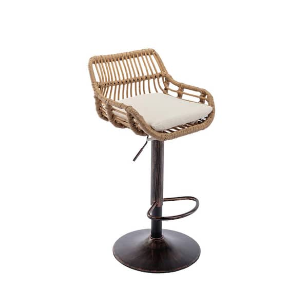 HOMEFUN 43 in. Light Brown Low Back Anti-Bronze Metal Frame Adjustable Bar Stool with Rattan Cushioned Seat (Set of 2)