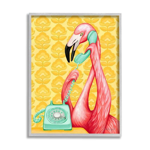 The Stupell Home Decor Collection Flamingo Calling Dial Telephone Groovy Flowers Wallpaper by Amelie Legault Framed Animal Art Print 30 in. x 24 in.