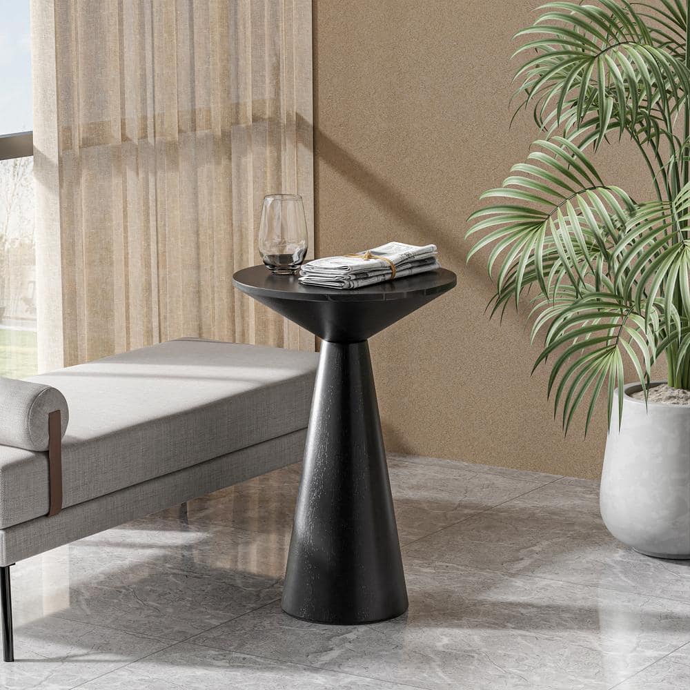 Black Round Pedestal Solid Wood End Table, 13.5 in