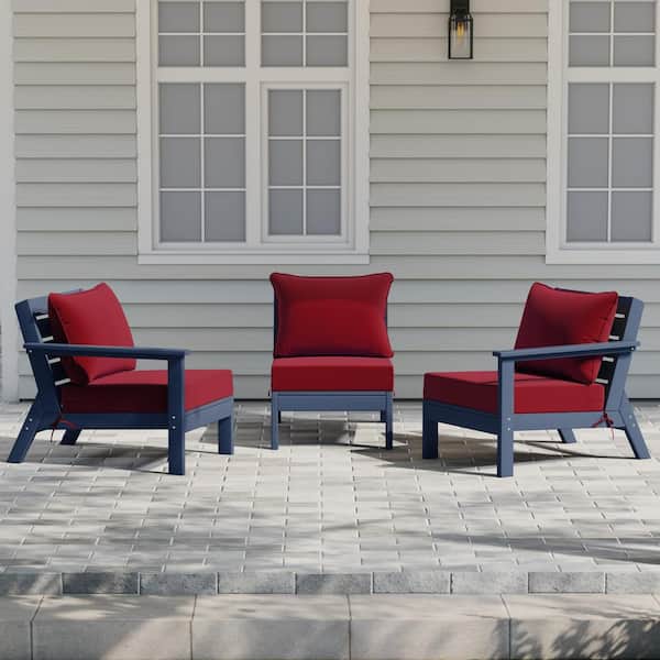 Birchwood Navy Blue Arrangeable 3-Piece HDPE Deep Seating Outdoor Patio Conversation Sofa Armchair Set w/Red Cushions