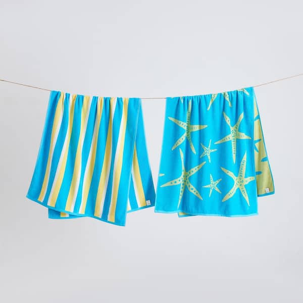 Blue/Yellow Starfish and Stripe 2-Pack 100% Cotton Printed Beach Towel