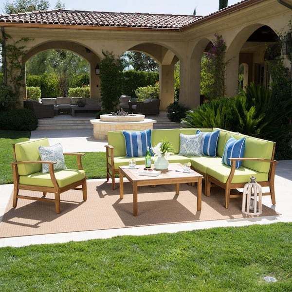 Noble House Giancarlo Teak 7-Piece Wood Outdoor Patio Sectional Set with Green Cushions
