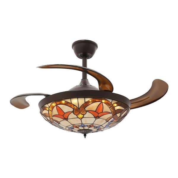 42 in. Brown Downrod Mount Tiffany Style Retractable Fandelier Ceiling Fan with 3-Color Integrated LED and Remote