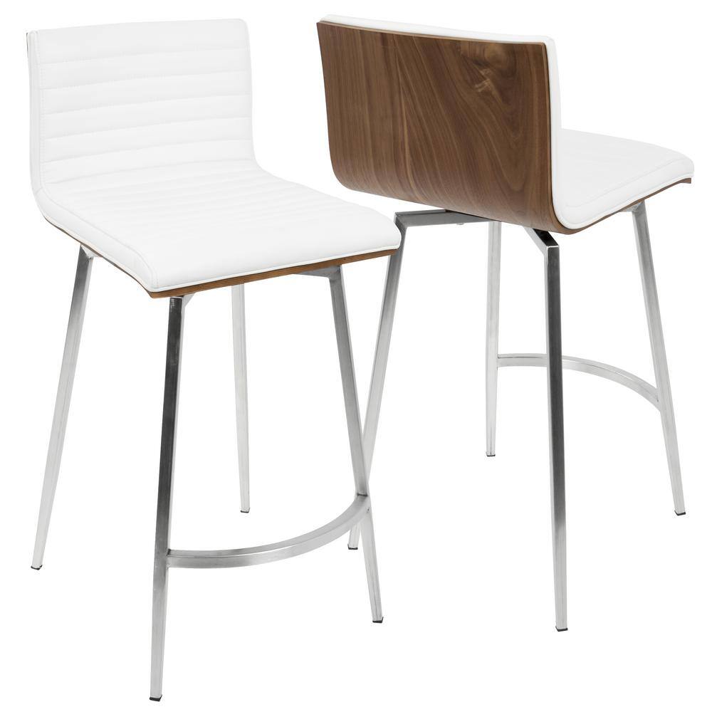 Set of 2 White Faux Leather Swivel Counter Stools with Walnut Wood and Stainless Steel