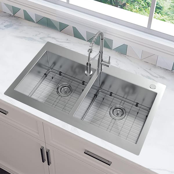 Professional Zero Radius 36 in. Drop-In 50/50 Double Bowl 16 Gauge Stainless Steel Kitchen Sink with Spring Neck Faucet