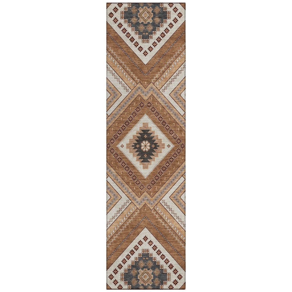 Copper and Beige Synthetic Tribal Runner Rug, 2'3" x 7'6"