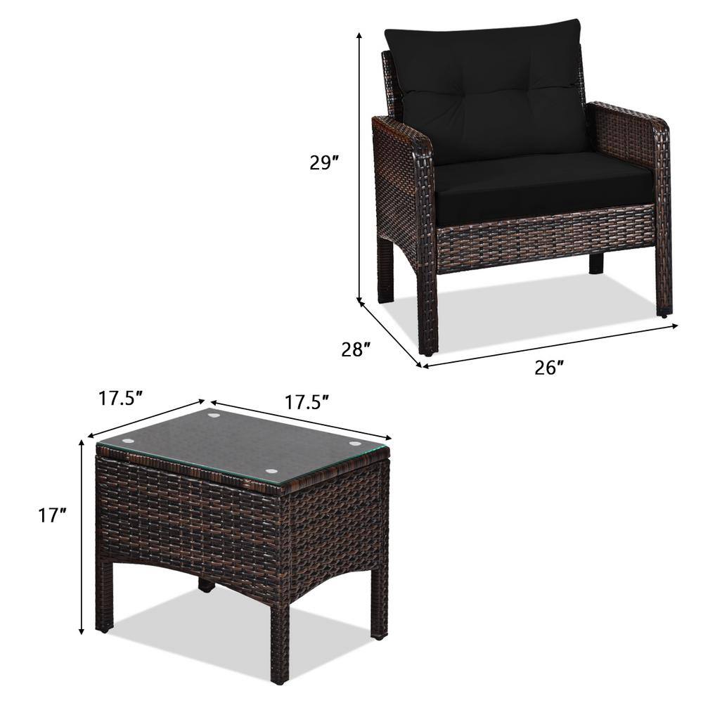 Black 3-Piece Rattan Outdoor Patio Conversation Set