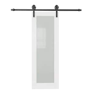 30 in. x 80 in. 1 Lite Tempered Frosted Glass White Primed Sliding Barn Door with Hardware Kit