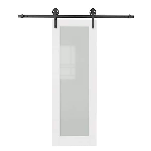 ARK DESIGN 30 in. x 80 in. 1 Lite Tempered Frosted Glass White Primed Sliding Barn Door with Hardware Kit